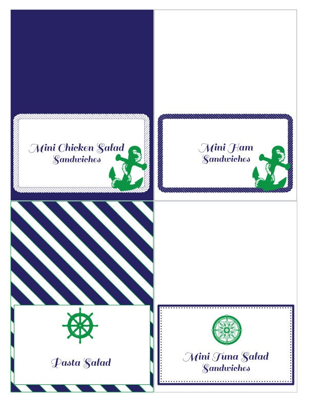 Classy Nautical Party Printable Food Tent Cards in Navy and Green