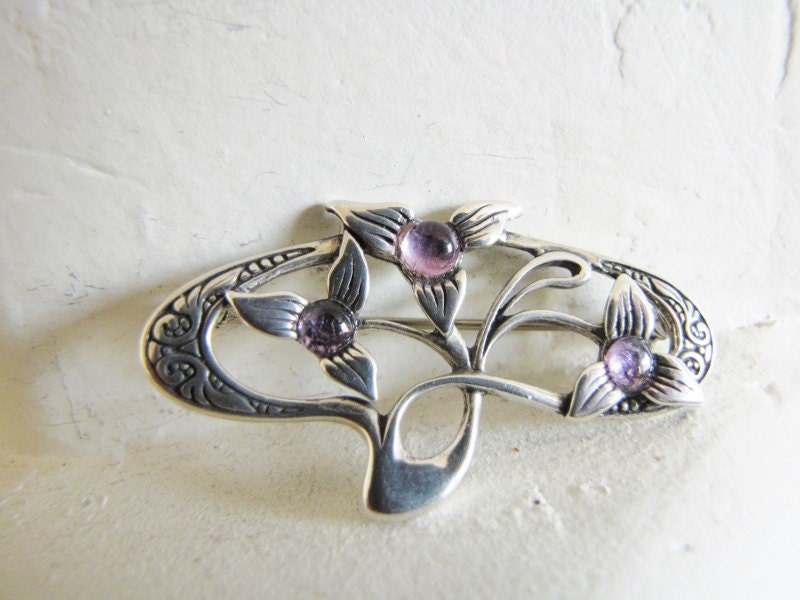 Lovely Vintage Sterling Silver and Amethyst Brooch By Jezlaine