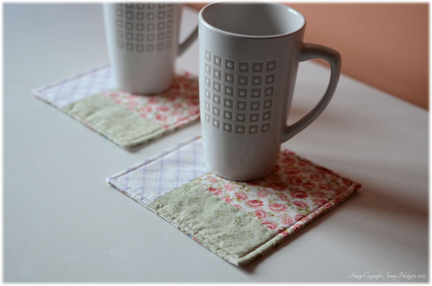 Country cottage / cottage chic style fabric coasters.  Pair of patchwork quilted coasters.  Large, shabby chic, floral, pink and green
