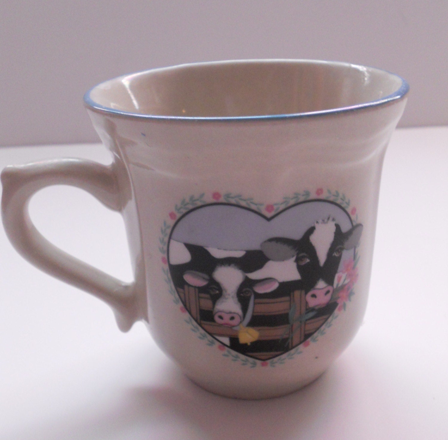 Vintage 80s Country Heart Cow Mug Ceramic Retro
