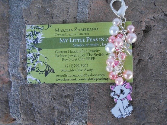 Unique Handmade  Teen Girls Kitty Pink Beaded Charm Keychain Upcycled Swarovski Crystals