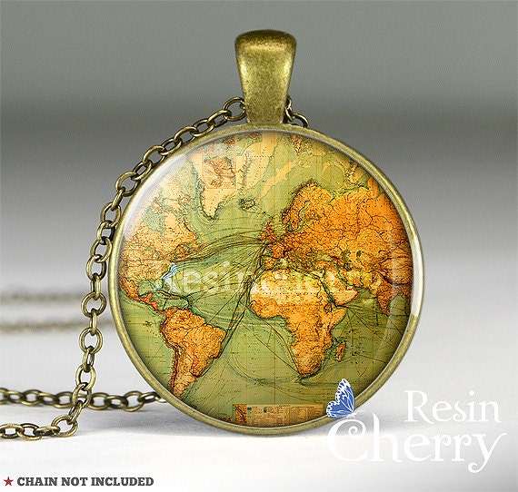 vintage World map necklace pendants, world map pendant charm, map jewelry charm, resin pendants- M8004CP