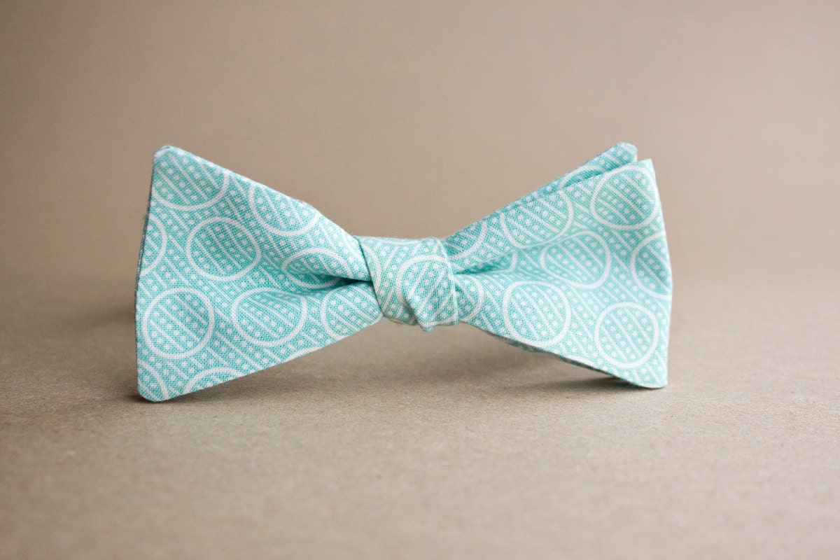 Teal Green Bow Tie with White Circles and Dots