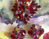 Rudy Red Vintage Brooch and Clip On Earring Set
