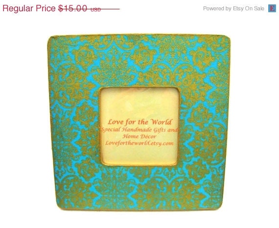 ON SALE Aqua and Gold Damask Picture Frame