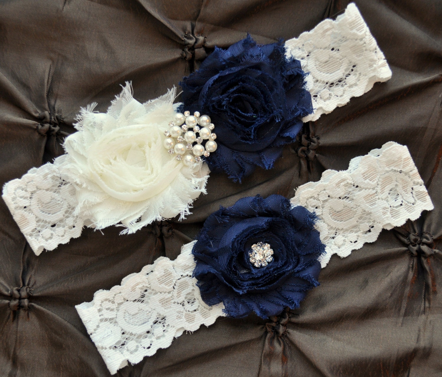 Wedding Garter, Bridal Garter Set - Ivory Lace Garter, Keepsake Garter, Toss Garter, Shabby Chiffon Rosette Ivory Navy Blue, Something Blue