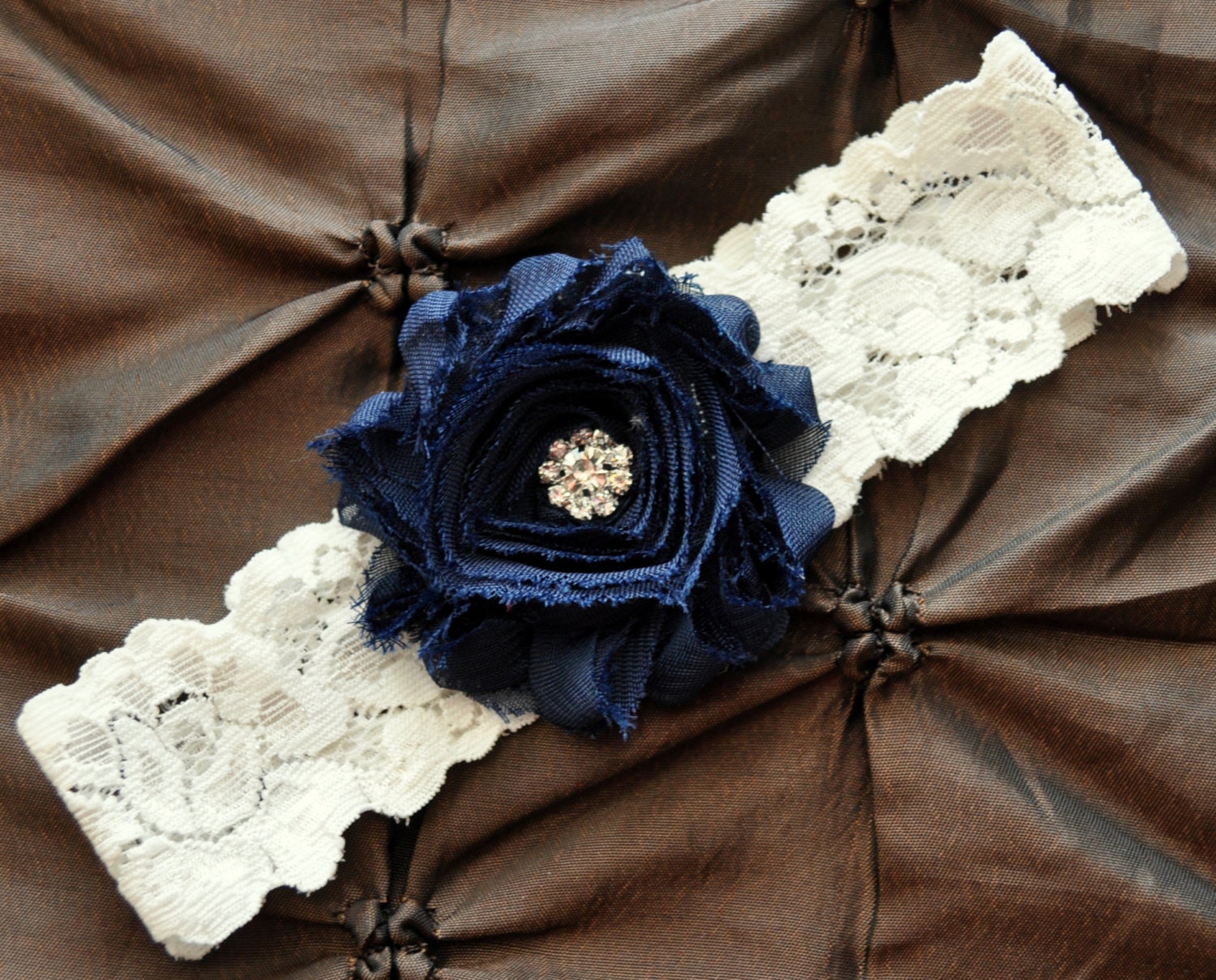 Wedding Garter, Bridal Garter - Ivory Lace Garter, Toss Garter, Shabby Chiffon Rosette Navy Blue, Something Blue, Navy Garter