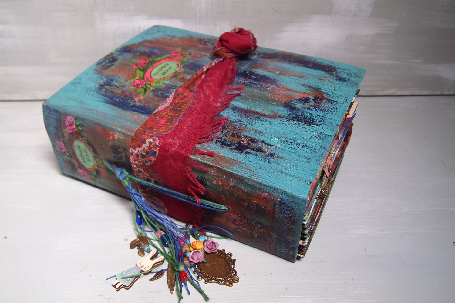 Rustic hand bound photo album Gypsy botanical collage Fairytale Album Baby Scrapbook music box baby lullaby