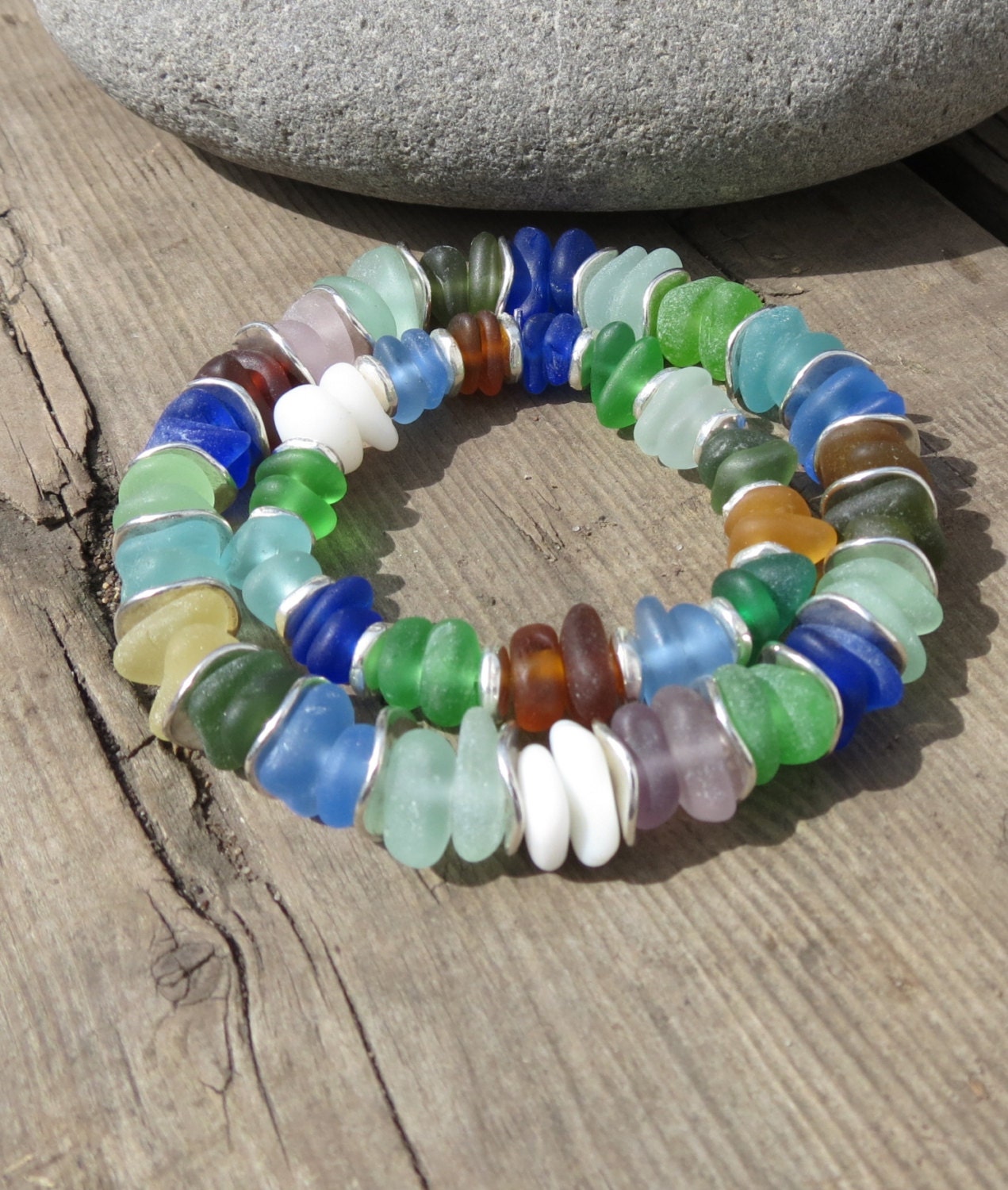 Sea Beach Glass Stretch Bracelets Mommy And Me Surfer Sea Glass Boho OOAK Handmade Genuine Real