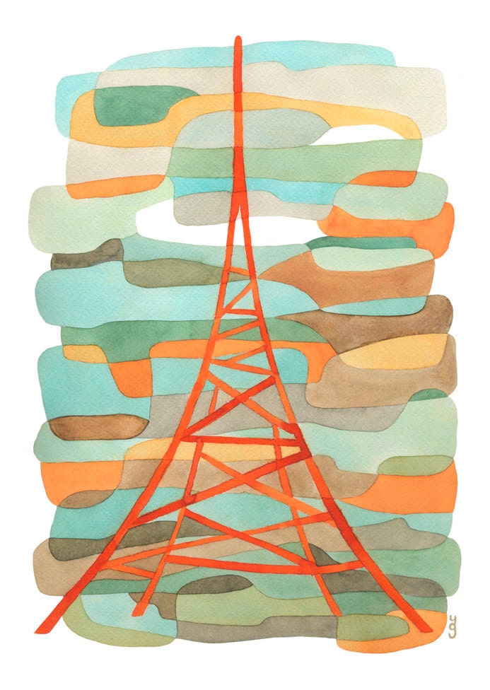 Orange Transmitter Mid Century Modern Art Print Mid century Poster orange blue green brown 8 x 10