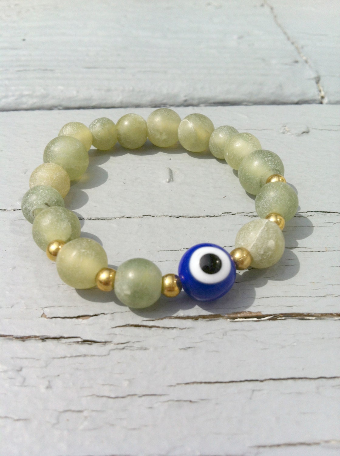 Green Blue and Gold Beaded Evil Eye Bracelet