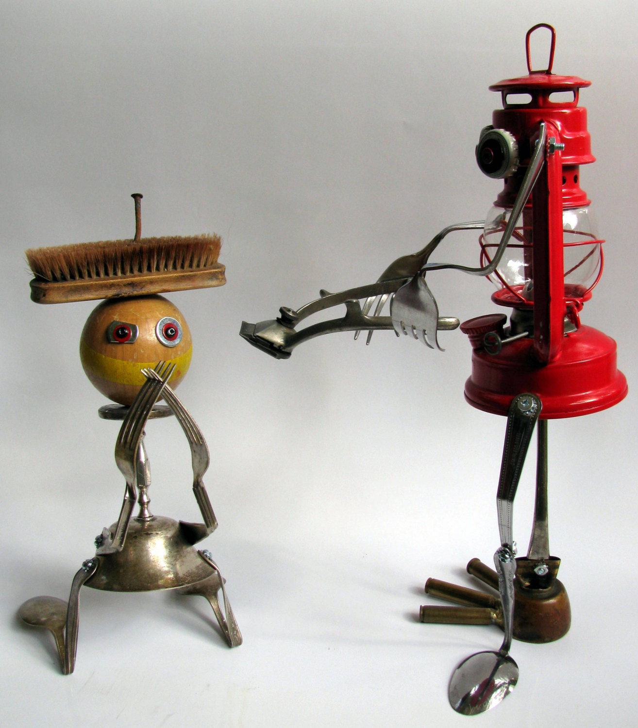 RECYCLED upcycled ROBOT SCULPTURES - "The Barber Of Seville and Brush Man" - Eco sustainable art