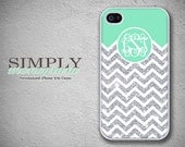 Personalized iphone 4 case - iphone 4s case - plastic or silicone rubber -  mint and glittery chevron monogram  ( NOT ACTUAL GLITTER )