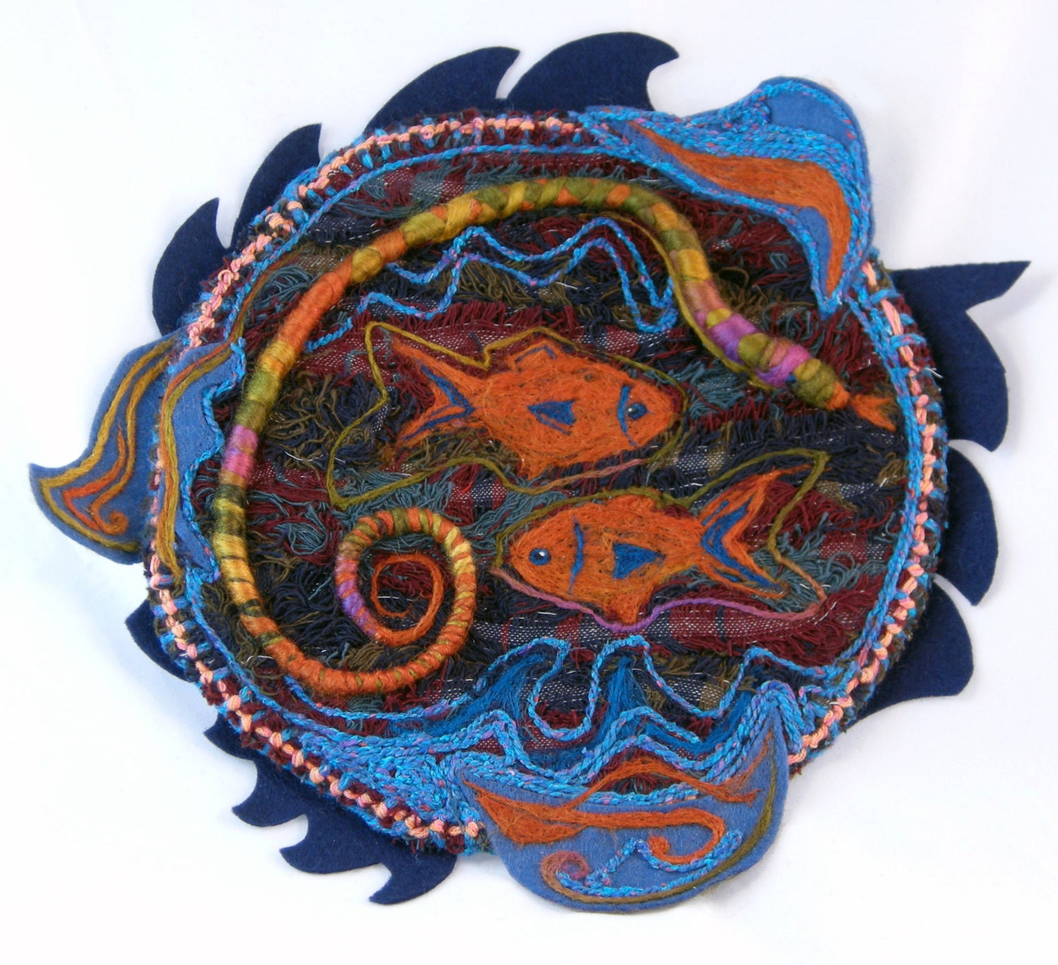 Year of the Snake ready for framing. Needle felted Pendleton wool "canvas". Gold, blue silk wool embellishments.