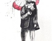 Love autumn rain romance kiss Fine art Print from Original Watercolor Painting, contemporary modern wall art illustration