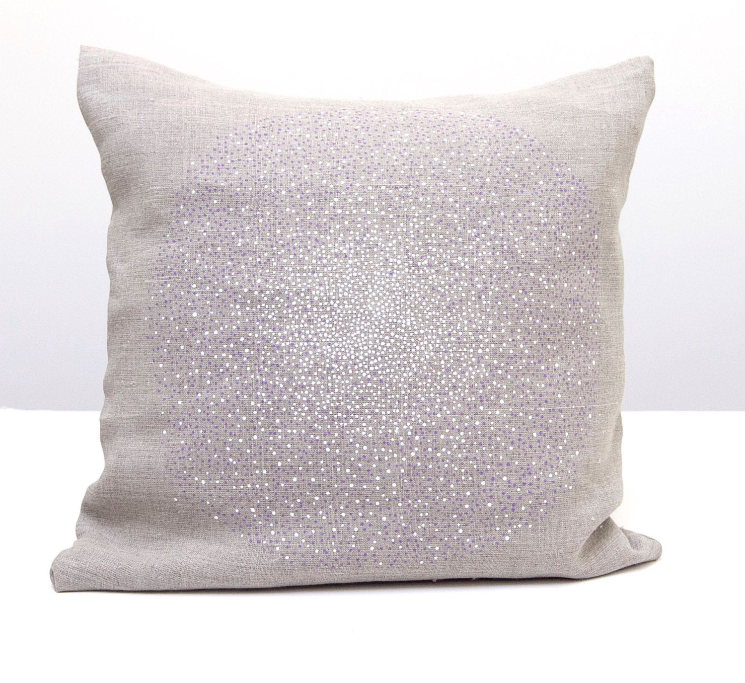 Linen Hand printed pillow lilac and white points circle  on natural grey linen fabric - handmade pillow cushion cover, home decor