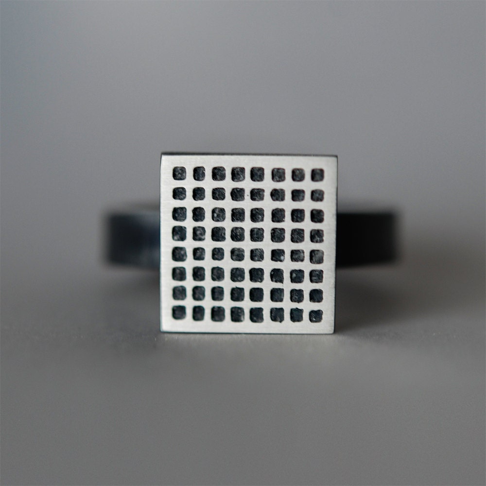 Geometric, contemporary silver ring. Square with etched grid. Statement ring.Handmade. Ready to ship.