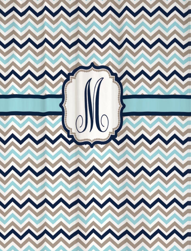 Shower Curtain Chevron Taupe Light Blue and Navy Accents 69x70" Monogram Personalized Custom for Your Bathroom