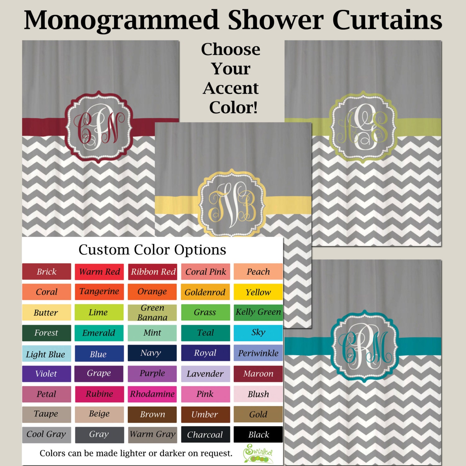Shower Curtain YOU PICK Accent COLORS on Cool Gray Half Chevron 69x70"  Monogram Personalized Custom for your Bathroom