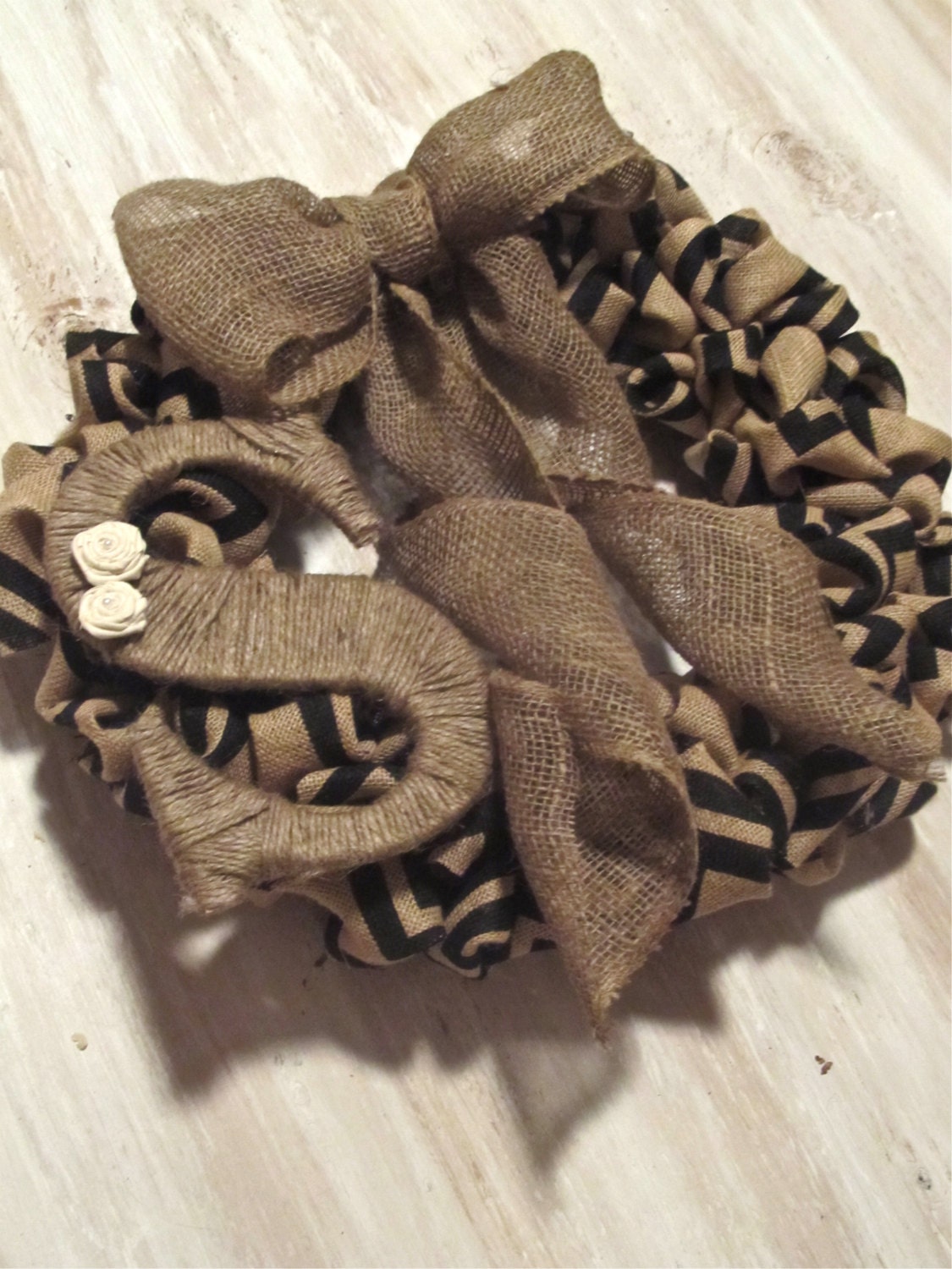 Burlap Wreath - Chevron Burlap Wreath - Chevron Pattern with Large Burlap Bow and Jute Wrapped Monogram Initial