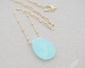 Simple Ball Chain with Frosted Aquamarine Cubic Zirconia 1" Drop, 18.5" Necklace