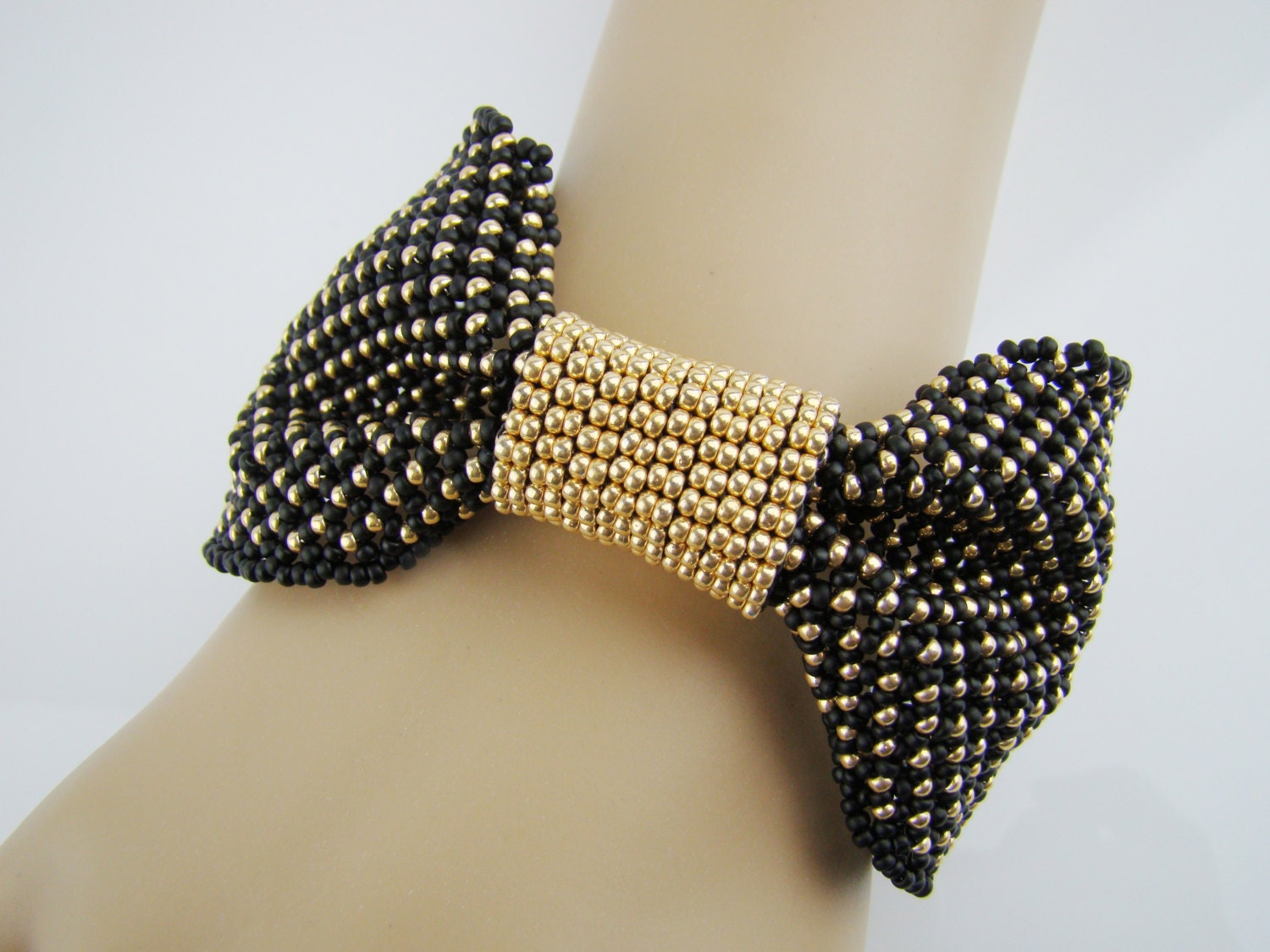Bow cuff bracelet, seed beads bracelet beadweaved black and gold bracelet, prom, party, wedding jewelry,  7PM boutique