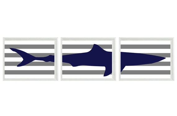 Shark Beach Fish Art Print Set - Nursery Boy Room Navy Blue Gray White Stripes -  House Wall Art Home Decor Set 3 8x10