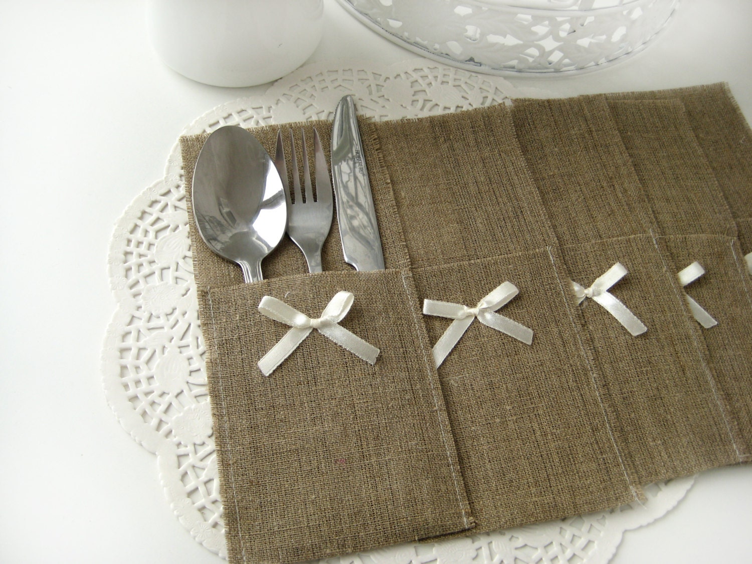 Set of 150-Burlap Silverware Holders with ivory bow - Rustic table decor