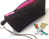 Wristlet Black Vegan Leather wiith Hot Pink Print Lining, Makeup Bag, Zippered Bag fully lined