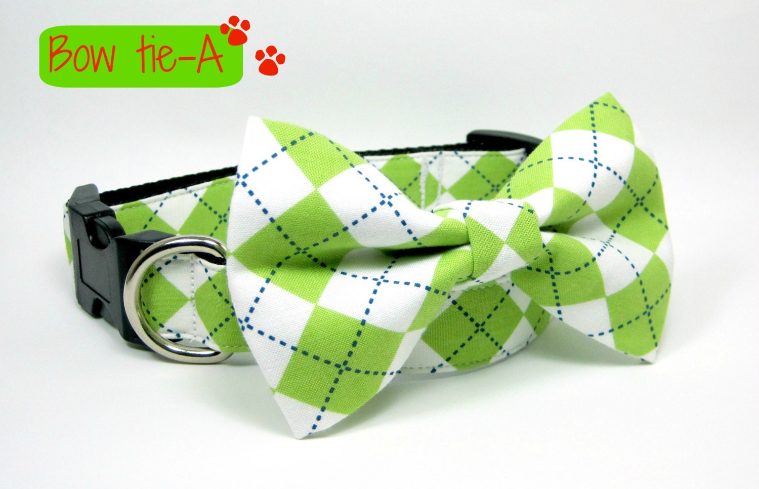 Argyle Lime and White Dog Collars with bow tie set  (Mini,X-Small,Small,Medium ,Large or X-Large Size)- Adjustable