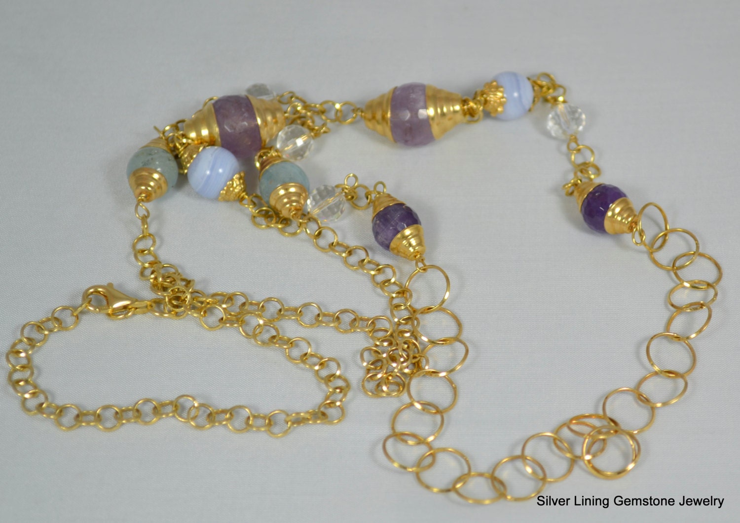 Up to 34" of Gold Vermeil, Amethyst, Blue Lace Agate, Chalcedony and Clear Quartz, Wirewrap, Wire Wrap, Gemstone and Chain Necklace
