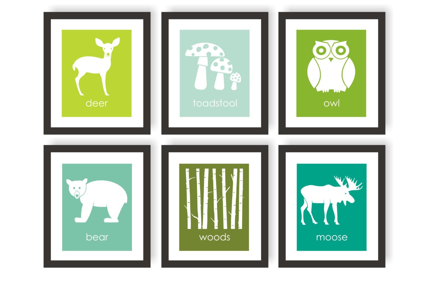Woodland Nursery Modern Art Prints Blue & Green - Set of 6 Deer, Woods, Owl, Bear, Toadstools, Moose, Custom Nursery, Forest Nursery - 5x7