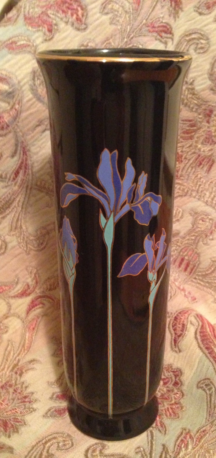 Vintage Black Otagiri Bud Vase Blue Iris Pattern Trimmed in Gold Made in Japan 6 3/4" Tall