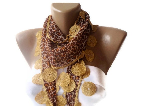 Leopard women Scarf. Leopard pattern, Turkish Fabric Guipure Scarf .elegant,golden brown , shawl neckwarmer cowl, for her