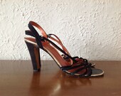 70's black strappy sexy heels GOLD RIMMED toe and heel size 8 1/2