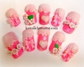 Kawaii Sweet Pink Lace & Bows Tea Party Lolita Nails with roses and hearts Pink/white full false/fake 3D nail gyaru Japanese hime