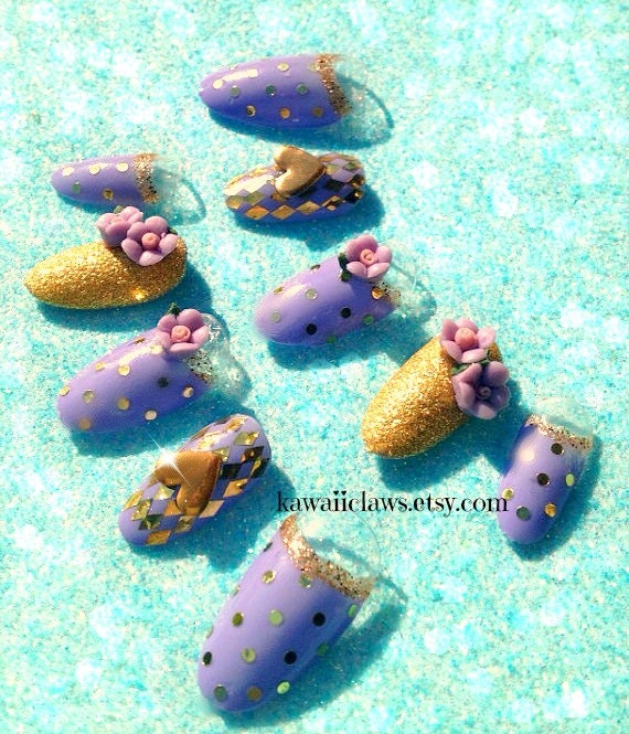 Lilac & gold harlequin polka dots and purple roses 3D false fake nails