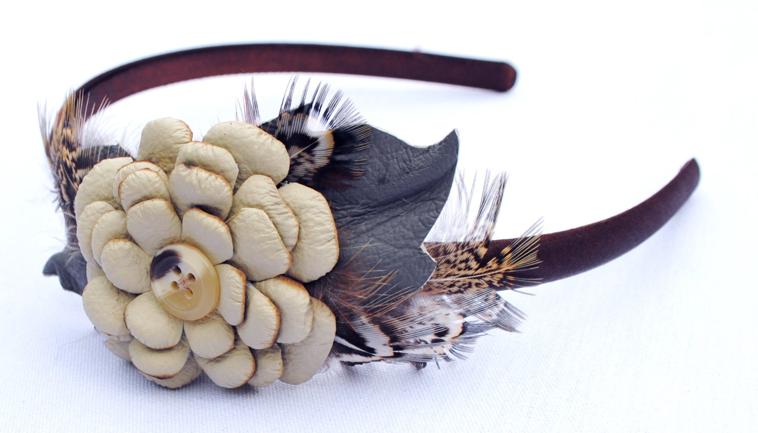 Leather Flowers Headband, with Gamebird Feathers