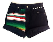 VTG 80s Size 26/27 High Waist Size  MEXICAN SERAPE Black Wrangler Denim Womens Southwestern Shorts