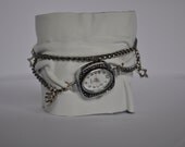 Leather Cuff / Women Handmade White Leather Wrist Bracelet With Metal Accessories and Watch / Clock by HocusPocusStudio