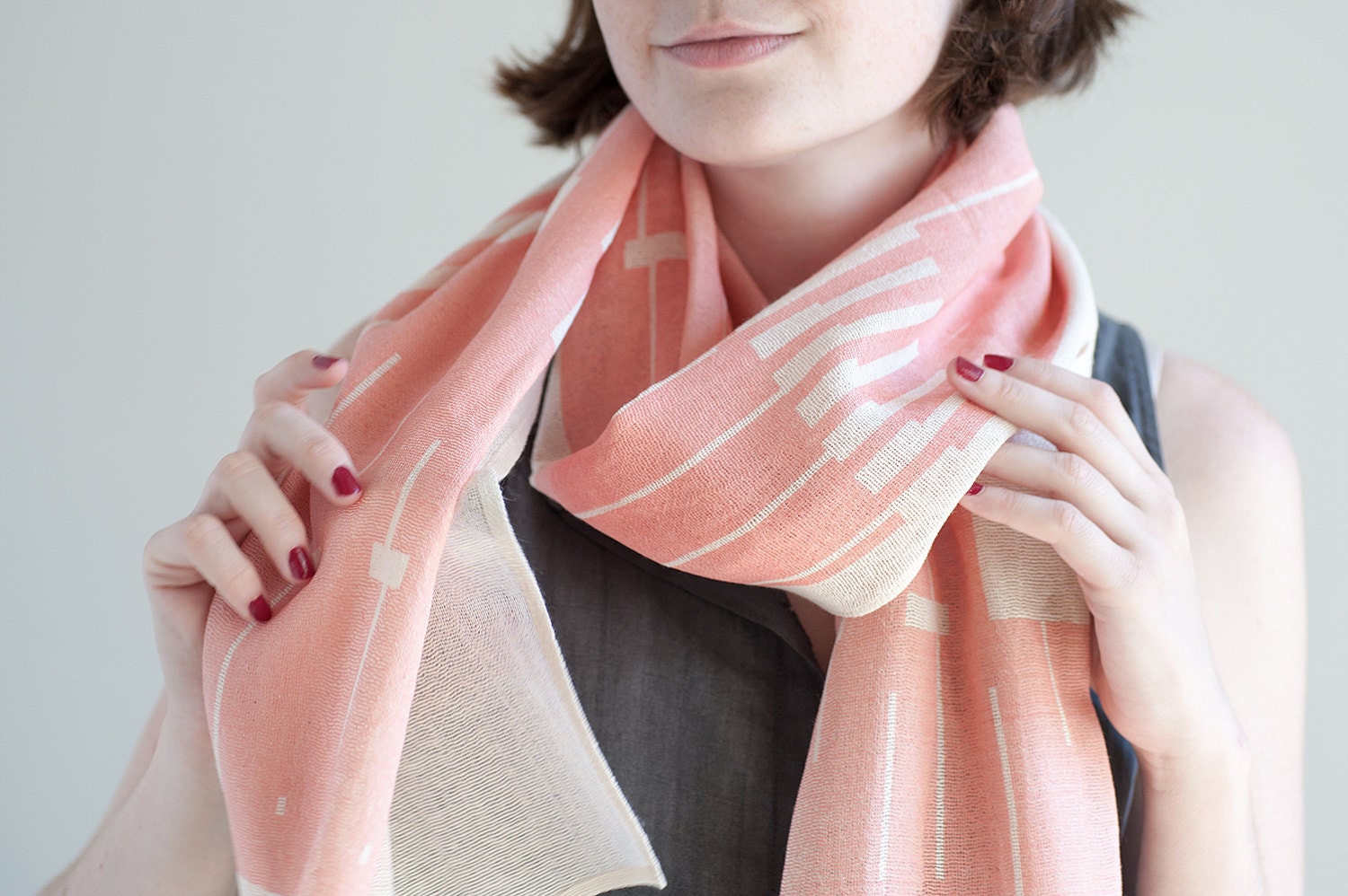 Smoked Peach Pink Hand Screen Printed Pastel Cotton Gauze Scarf, Light Spring accessories