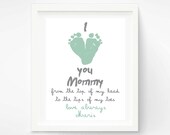 Personalized Mother's Day Gift for New Mom - I Love you Mommy Baby footprint Art -  Mint Gift for Grandmother - Gift for New Grandma