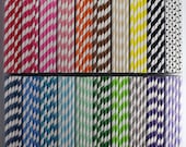 100 CHOOSE YOUR COLORS - Striped Paper Straws - Ready to Ship with Free blank printable flags - Stripe, Paper, Wedding straws, White, Shower