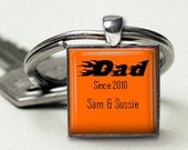 Custom  Keychain Personalized for Dad with Childrens Names Orange with Black Flame Font Handmade Keyring Gift for Him