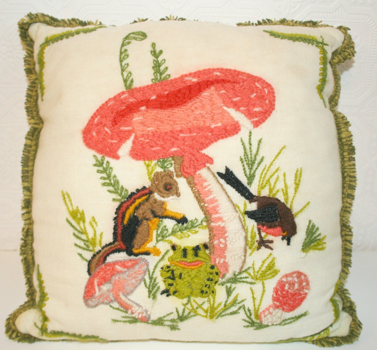 Crewel Embroidered Pillow Cream with Woodland Animals 15" x 15" SO CUTE Hand Embroidered Pillow One Of A Kind Vintage Pillow