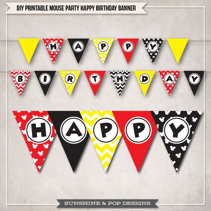 INSTANT DOWNLOAD - DIY Mouse Party Micky Inspired Printable Happy Birthday Banner - for events, parties, decorations, mickey mouse party Il_170x135