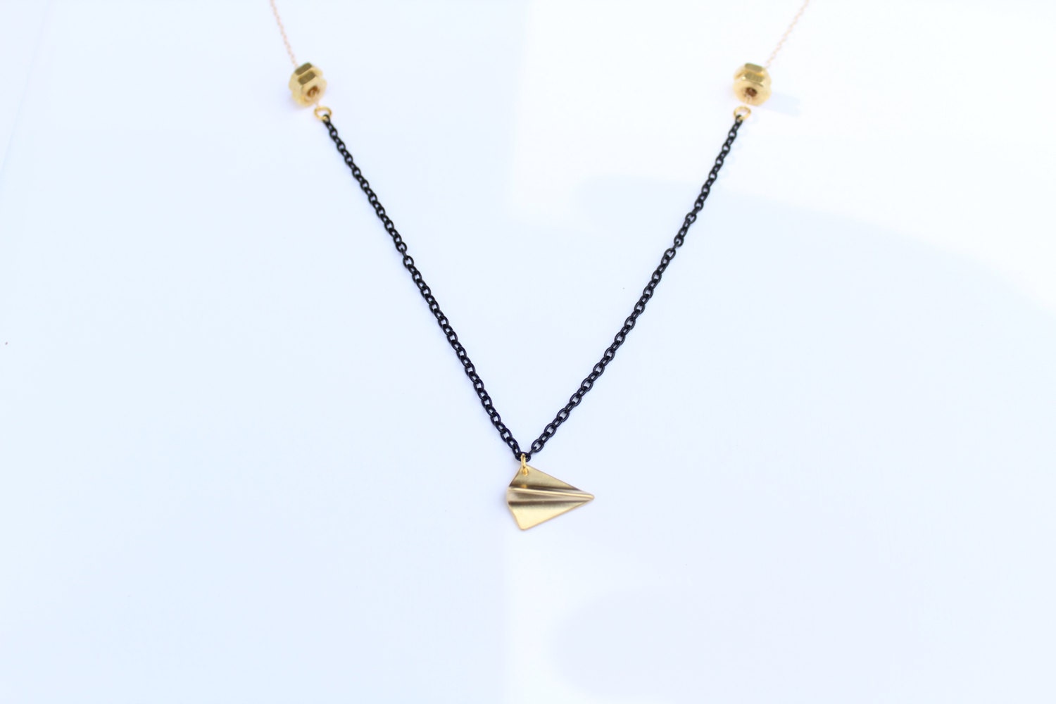 Black & Gold - Airplane charm and hex nut necklace - 14k gold filled chain - black chain necklace