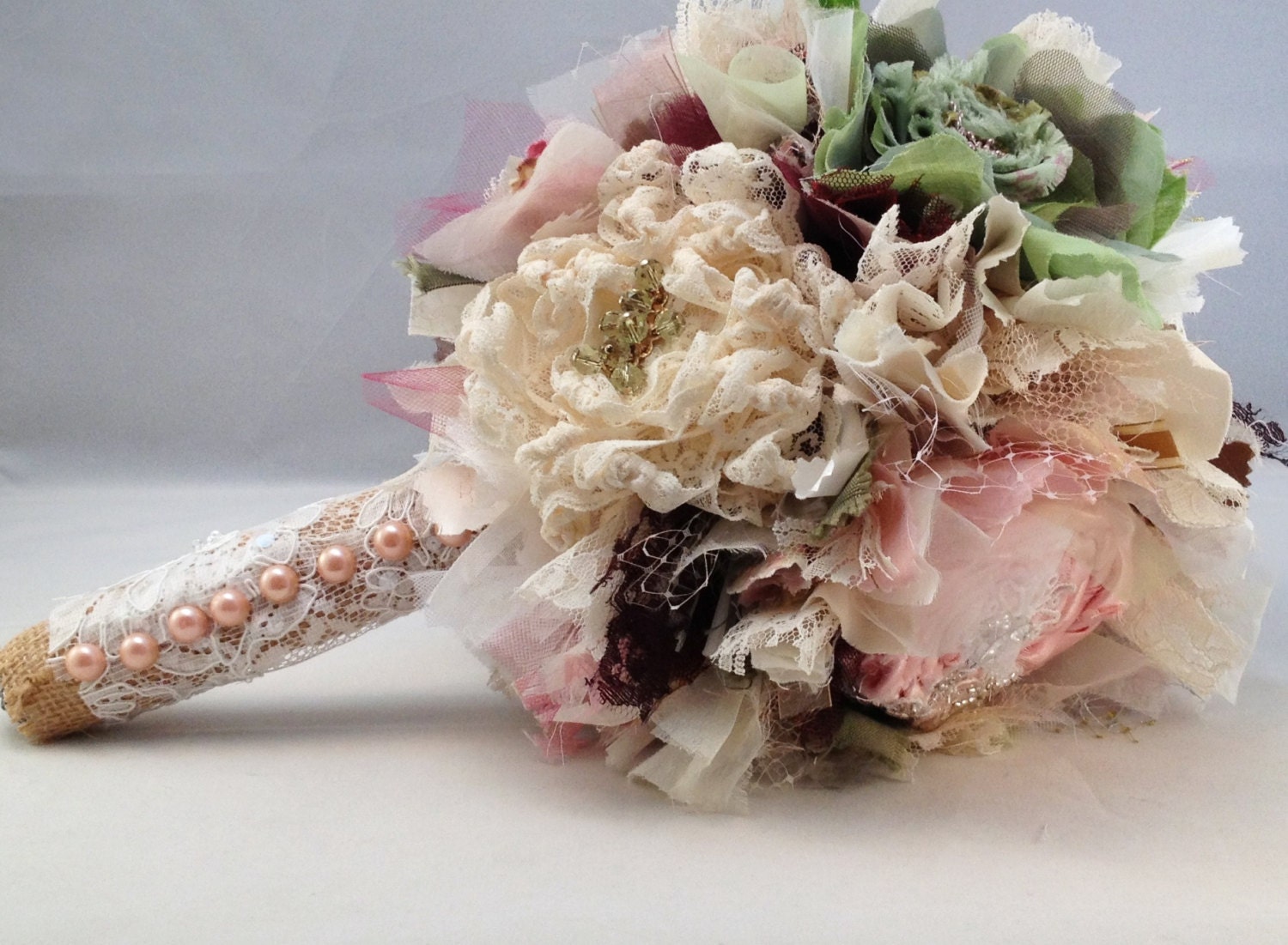 Romantic Eco Bouquet - Cottage, Country, Earthy, Lace, Pearls, Pink, Cream, Ivory, Brown, Green, Burlap