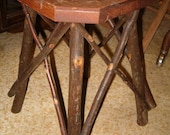 CRAFTSMAN/Stickley Style TABLE/Stool-VICTORIAN-1890: Oak Top, Base of Natural Wood With Original Bark, Unusual