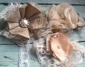 Set of 3 Linen & Lace Fabric Flowers, Satin Flower, Rustic, Shabby Chic Wedding, Vintage Weddings, Embellishments, Decorations, Bridal